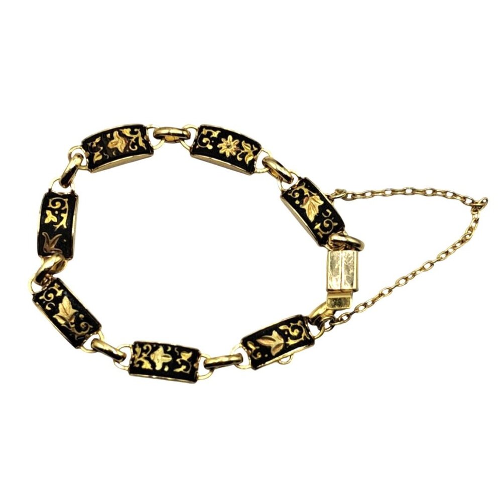 Vintage Damascene Bracelet Panel Links Leaves and Vines Design Safety Chain Cost
